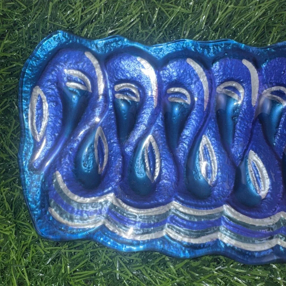 Fused Art Glass Ribbon Candy Tray Blue Magenta Silver Christmas Candy Dish Set